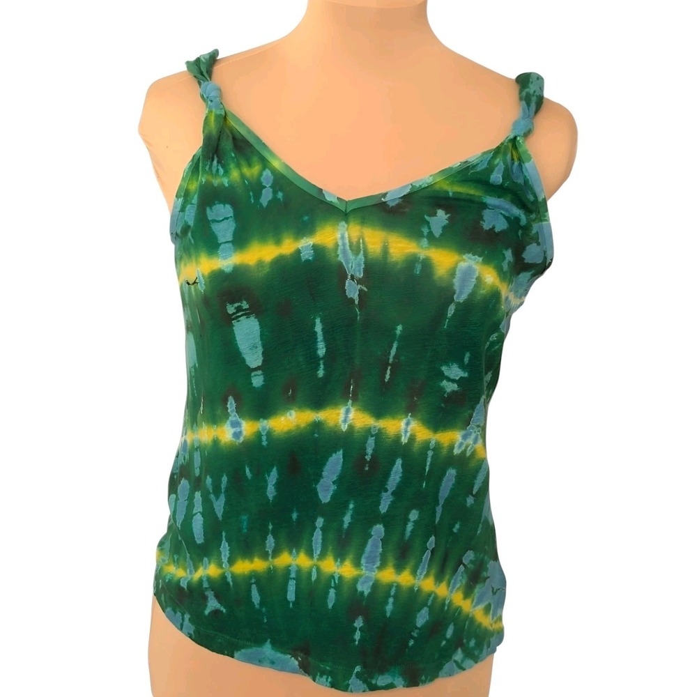 YFB Young Fabulous Broke Tie Dye Tank Top Green Gold 100% Linen EUC Knots XS